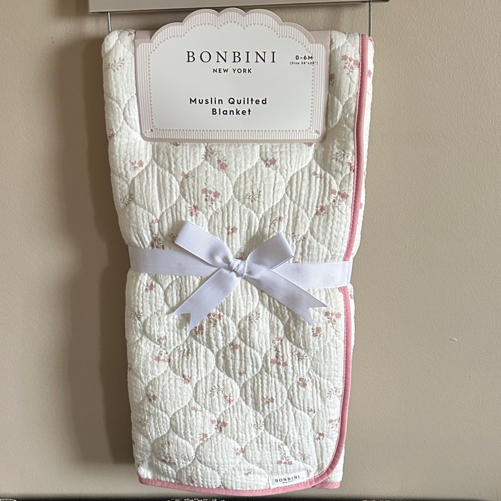 Bonbini Infant Baby Muslin Quilted Blanket Ivory Rose Pink 0-6 Months NEW!